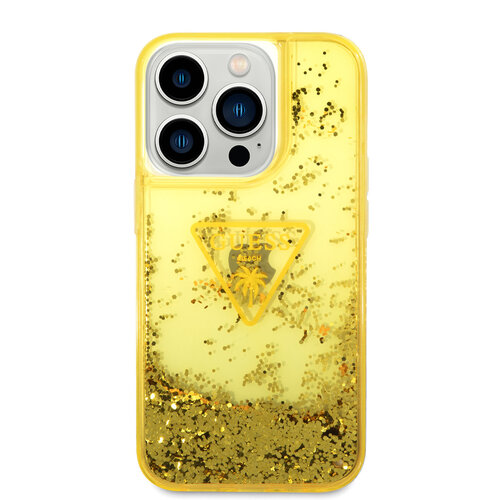 Guess Guess Coque arrière rigide pour iPhone 14 Pro - Liquid Glitter - Translucide - Jaune