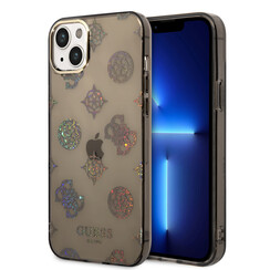 Guess Coque arriere rigide pour iPhone 14 & 15 Plus - Peony Glitter - Noir
