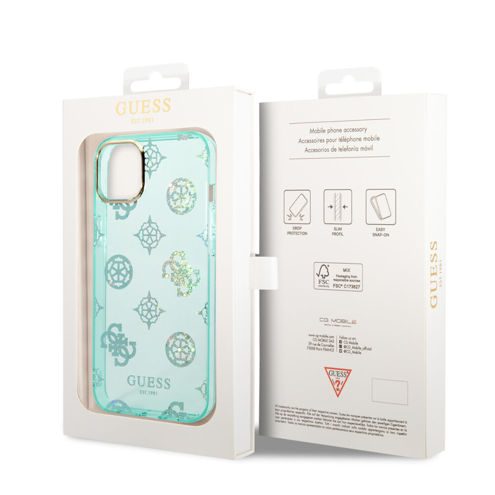 Guess Guess Coque arriere rigide pour iPhone 14 & 15 Plus - Peony Glitter - Turquoise Guess Guess Coque arriere rigide pour iPhone 14 & 15 Plus - Peony Glitter - Turquoise