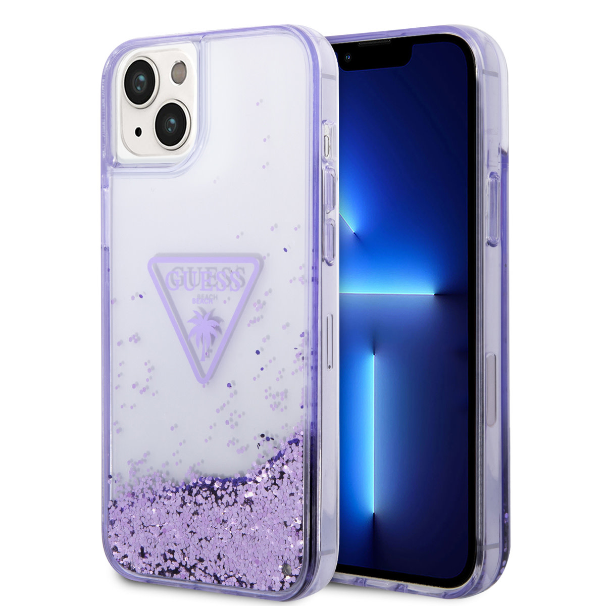 Guess Guess TPU Liquid Glitter Translucent Hardcase Hoesje voor Apple iPhone 14 & 15 Plus - Paars