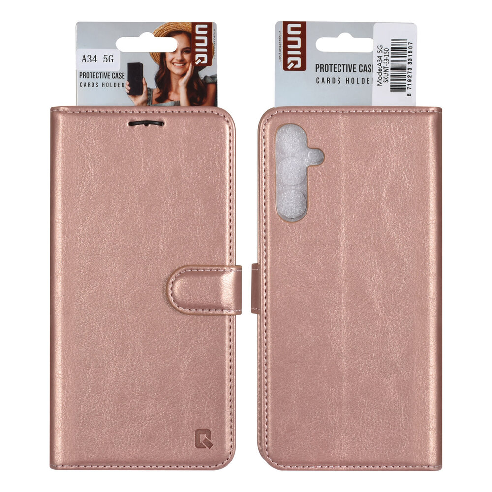 UNIQ Accessory UNIQ Accessory Galaxy A34 5G Book Case hoesje - Pasjeshouder voor 3 pasjes - Hanger - Rose Gold UNIQ Accessory UNIQ Accessory Galaxy A34 5G Book Case hoesje - Pasjeshouder voor 3 pasjes - Hanger - Rose Gold