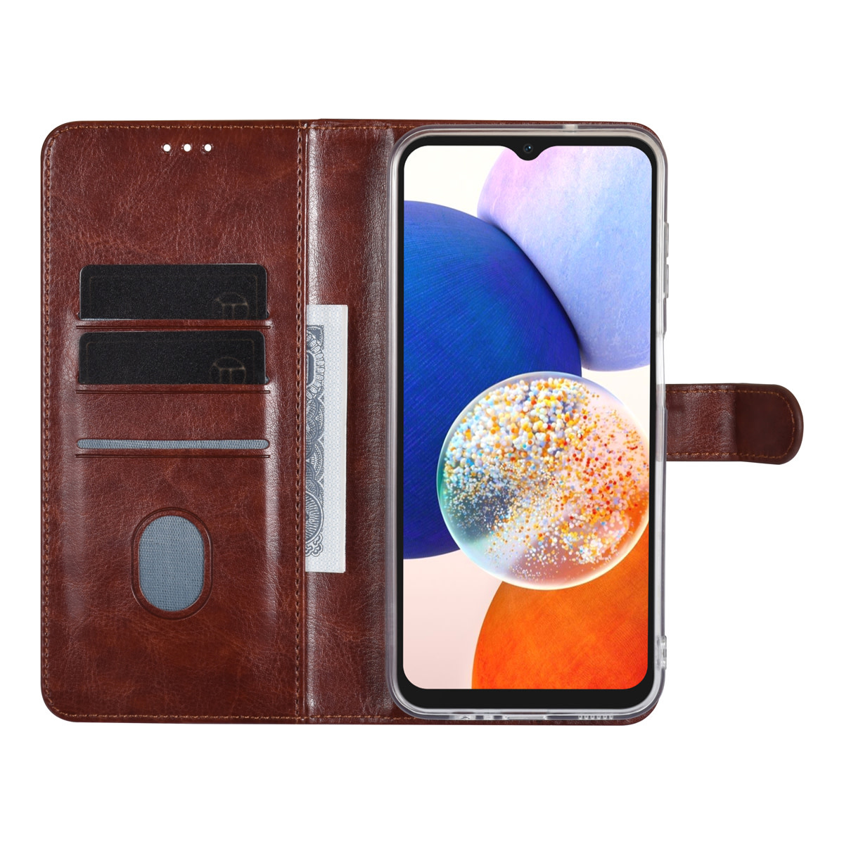 UNIQ Accessory UNIQ Accessory Galaxy A14 5G Book Case hoesje - Pasjeshouder voor 3 pasjes - Hanger - Bruin, foto 5 van 5