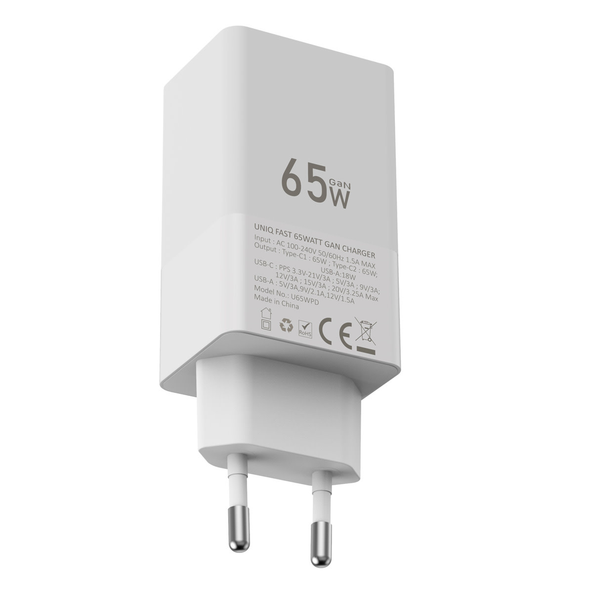 UNIQ Accessory PD 65W GaN Adapter - UNIQ Accessory 3.0A Snellader - Wit, foto 2 van 4