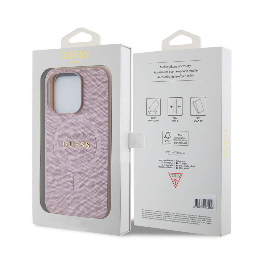 Guess Guess Coque arrière en TPU iPhone 15 Pro - Magsafe Compatible - Saffiano - Rose Guess Guess Coque arrière en TPU iPhone 15 Pro - Magsafe Compatible - Saffiano - Rose