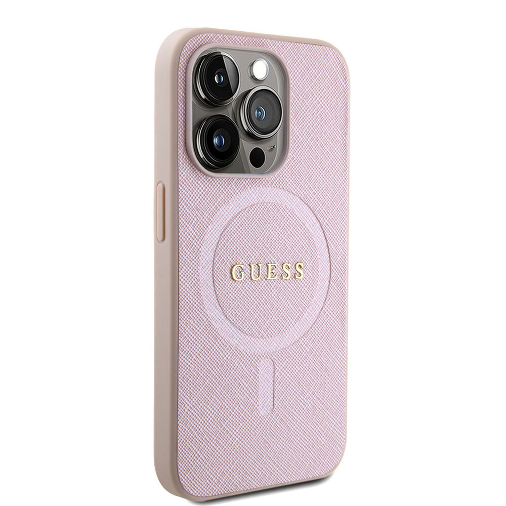 Guess Guess iPhone 15 Pro TPU Hardcase-Rückseite - Magsafe Compatible - Saffiano - Rosa Guess Guess iPhone 15 Pro TPU Hardcase-Rückseite - Magsafe Compatible - Saffiano - Rosa