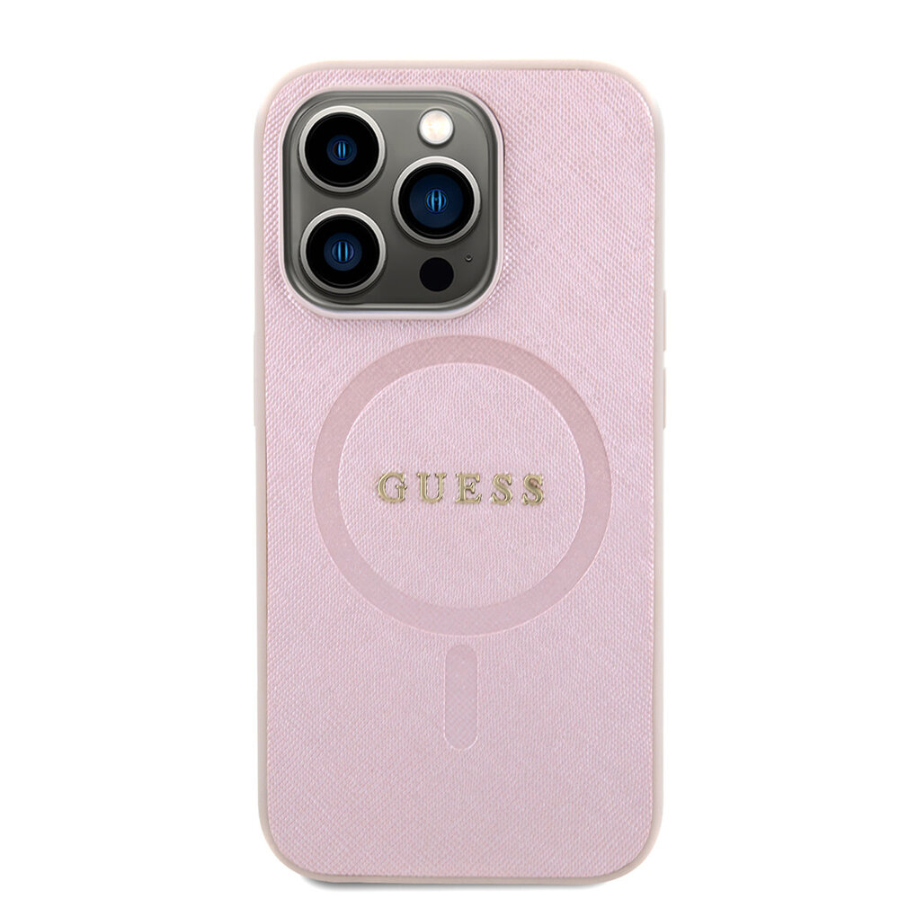 Guess Guess iPhone 15 Pro TPU Hardcase-Rückseite - Magsafe Compatible - Saffiano - Rosa Guess Guess iPhone 15 Pro TPU Hardcase-Rückseite - Magsafe Compatible - Saffiano - Rosa