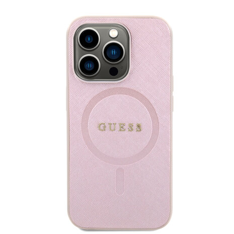 Guess Guess iPhone 15 Pro TPU Hardcase-Rückseite - Magsafe Compatible - Saffiano - Rosa Guess Guess iPhone 15 Pro TPU Hardcase-Rückseite - Magsafe Compatible - Saffiano - Rosa