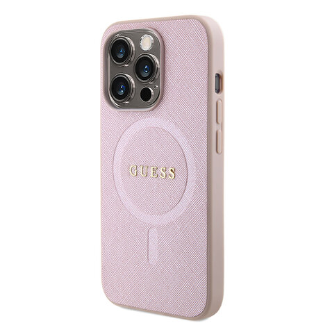 Guess Guess iPhone 15 Pro TPU Hardcase-Rückseite - Magsafe Compatible - Saffiano - Rosa Guess Guess iPhone 15 Pro TPU Hardcase-Rückseite - Magsafe Compatible - Saffiano - Rosa