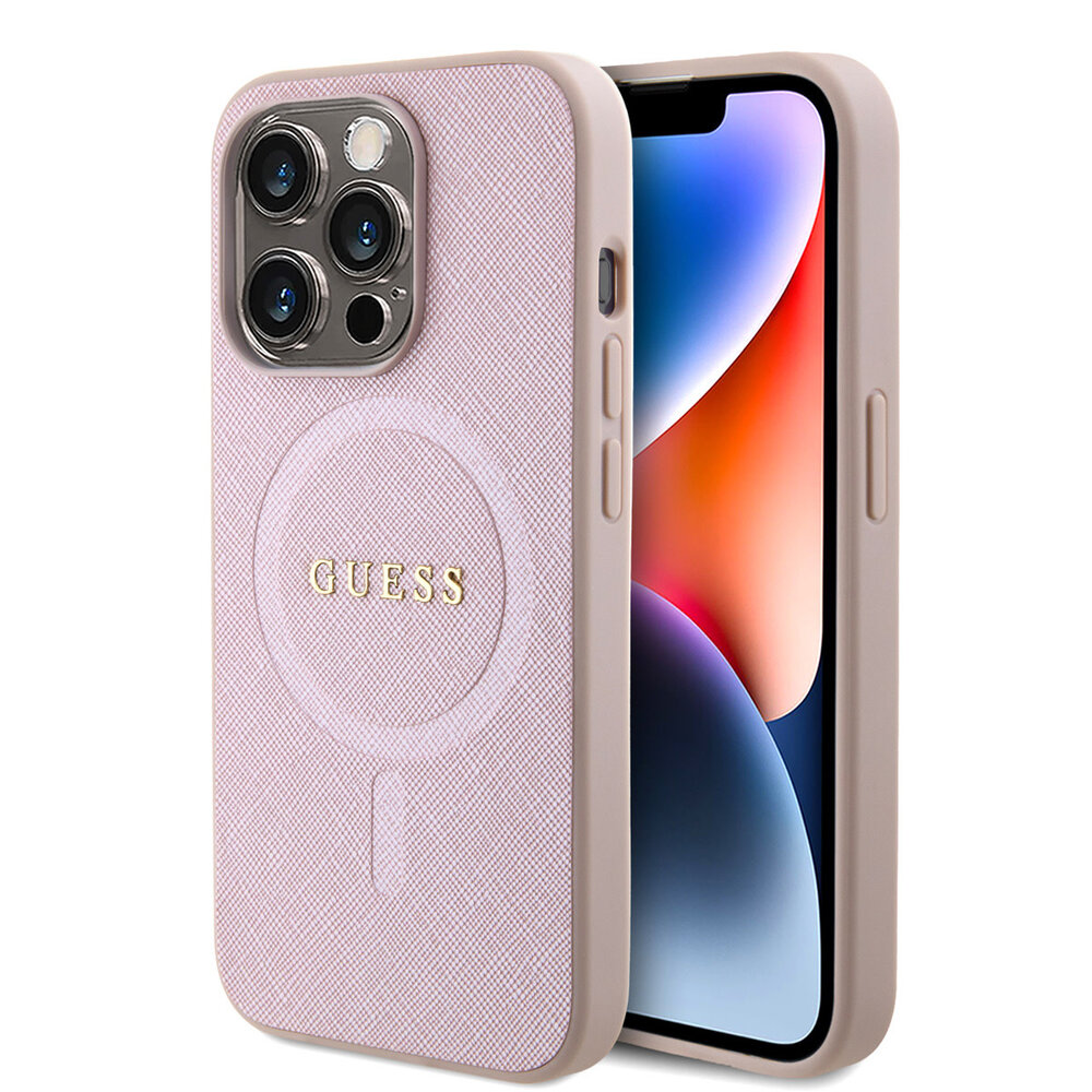 Guess Guess iPhone 15 Pro TPU Hardcase-Rückseite - Magsafe Compatible - Saffiano - Rosa Guess Guess iPhone 15 Pro TPU Hardcase-Rückseite - Magsafe Compatible - Saffiano - Rosa