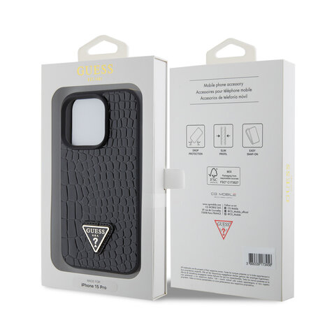 Guess Guess iPhone 15 Pro Hardcase hoesje - Triangle Logo - Croco - Zwart Guess Guess iPhone 15 Pro Hardcase hoesje - Triangle Logo - Croco - Zwart