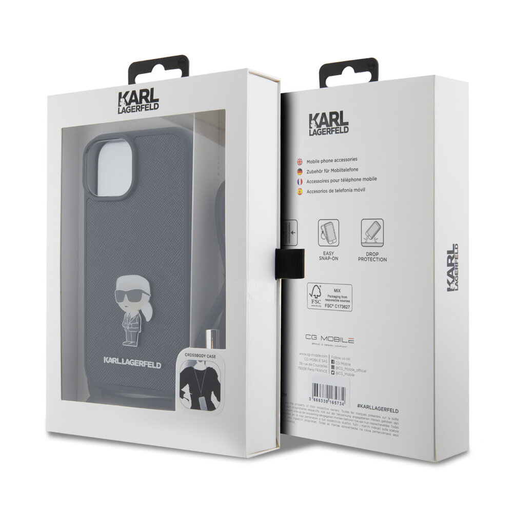 Karl Lagerfeld Karl Lagerfeld iPhone 15 Hardcase hoesje - Saffiano - Ikonik Metal Pin - Crossbody - Zwart Karl Lagerfeld Karl Lagerfeld iPhone 15 Hardcase hoesje - Saffiano - Ikonik Metal Pin - Crossbody - Zwart