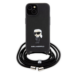 Karl Lagerfeld iPhone 15 TPU Hardcase - Saffiano - Ikonik Metal Pin - Crossbody - Black