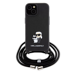 Karl Lagerfeld iPhone 15 Hardcase hoesje - Saffiano - K&C Metal Pin - Crossbody - Zwart