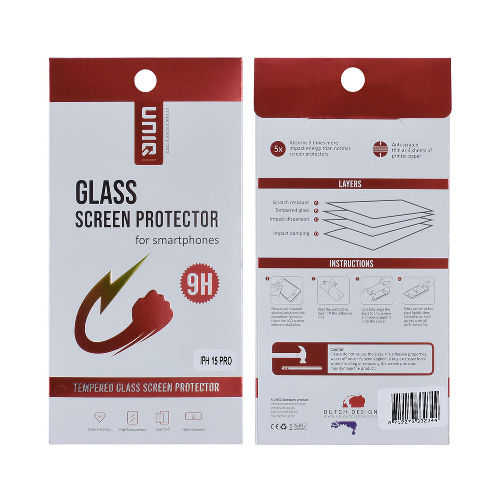 UNIQ Accessory box of 10 - UNIQ Accessory iPhone 15 Pro Screenprotector - Transparant UNIQ Accessory box of 10 - UNIQ Accessory iPhone 15 Pro Screenprotector - Transparant
