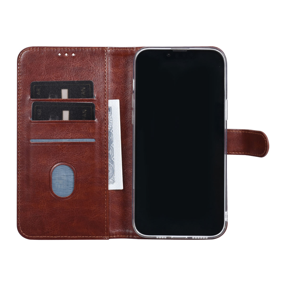 UNIQ Accessory UNIQ Accessory iPhone 15 & 14 Plus Book Case hoesje - Pasjeshouder voor 3 pasjes - Magneetsluiting - Hanger - Bruin, foto 4 van 5