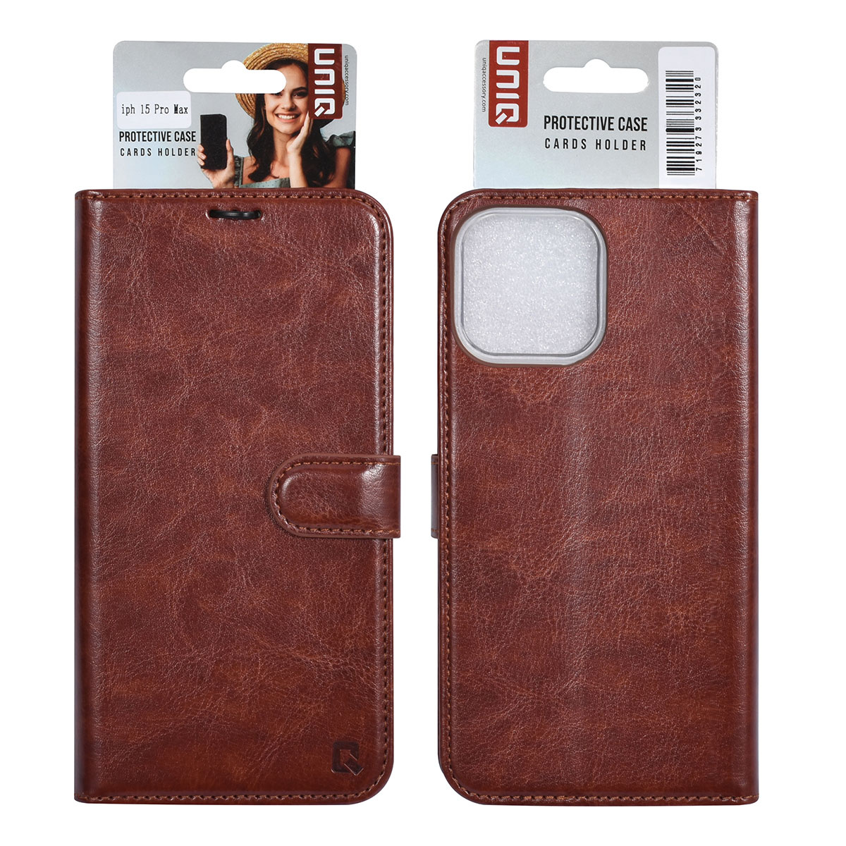 UNIQ Accessory UNIQ Accessory iPhone 15 Pro Max Book Case hoesje - Pasjeshouder voor 3 pasjes - Magneetsluiting - Hanger - Bruin, foto 5 van 5