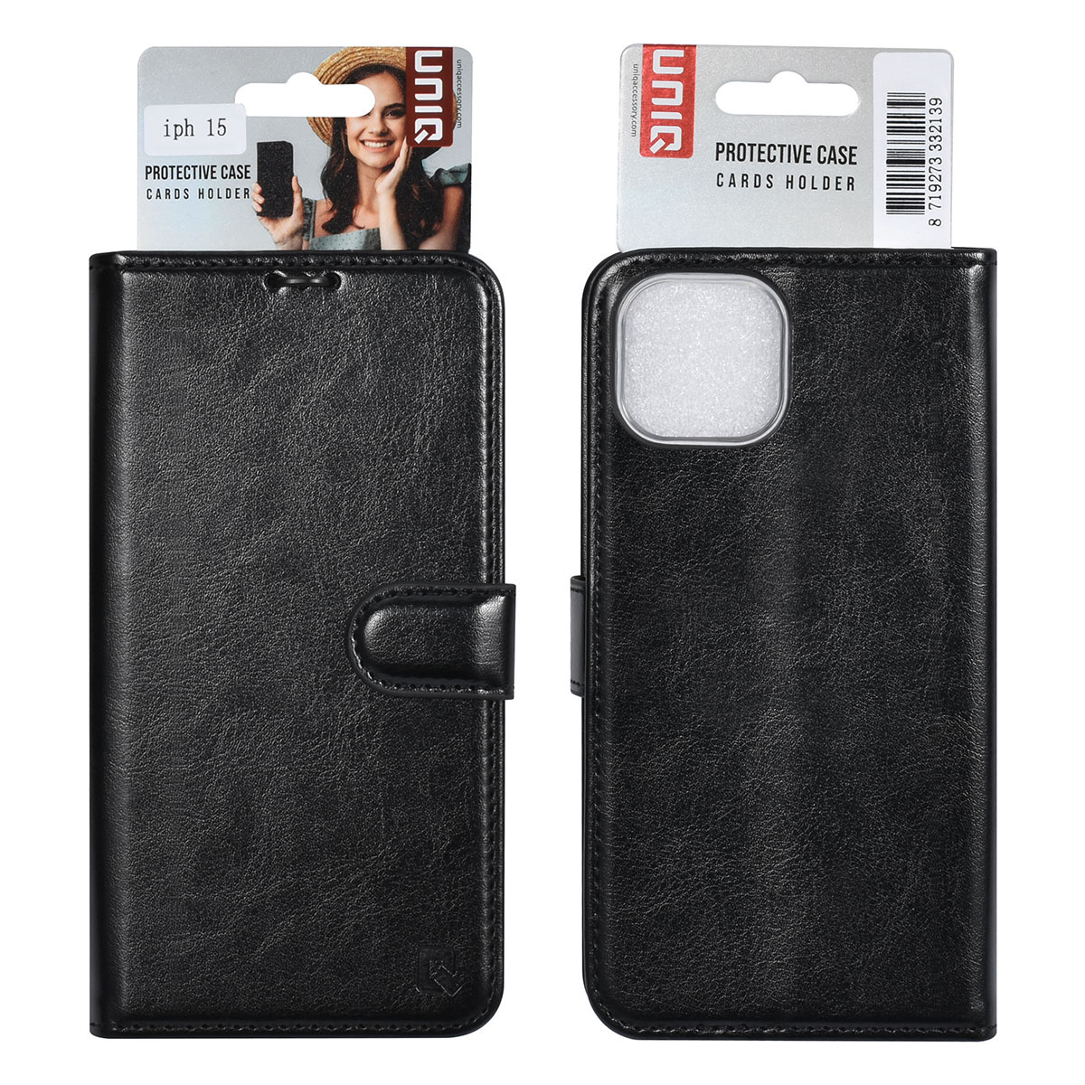UNIQ Accessory UNIQ Accessory iPhone 15 Book Case hoesje - Pasjeshouder voor 3 pasjes - Magneetsluiting - Hanger - Zwart, foto 5 van 5