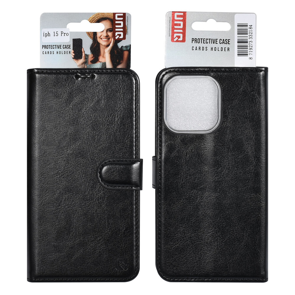 UNIQ Accessory UNIQ Accessory iPhone 15 Pro Book Case hoesje - Pasjeshouder voor 3 pasjes - Magneetsluiting - Hanger - Zwart UNIQ Accessory UNIQ Accessory iPhone 15 Pro Book Case hoesje - Pasjeshouder voor 3 pasjes - Magneetsluiting - Hanger - Zwart