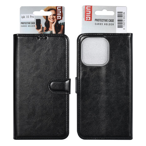 UNIQ Accessory UNIQ Accessory iPhone 15 Pro Book Case hoesje - Pasjeshouder voor 3 pasjes - Magneetsluiting - Hanger - Zwart UNIQ Accessory UNIQ Accessory iPhone 15 Pro Book Case hoesje - Pasjeshouder voor 3 pasjes - Magneetsluiting - Hanger - Zwart