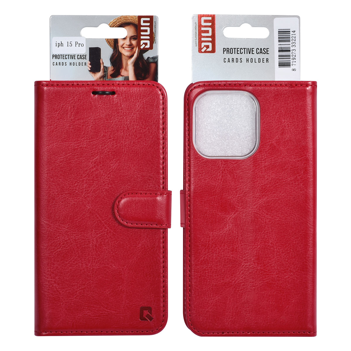 UNIQ Accessory UNIQ Accessory iPhone 15 Pro Book Case hoesje - Pasjeshouder voor 3 pasjes - Magneetsluiting - Hanger - Rood, foto 5 van 5