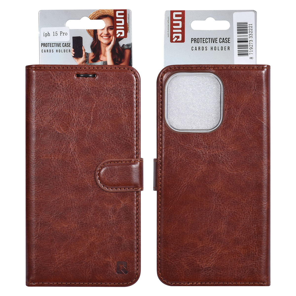 UNIQ Accessory UNIQ Accessory iPhone 15 Pro Book Case hoesje - Pasjeshouder voor 3 pasjes - Magneetsluiting - Hanger - Bruin, foto 5 van 5