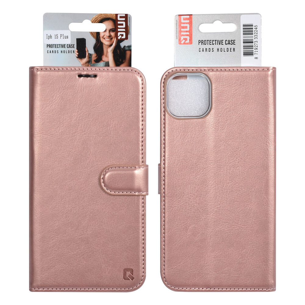 UNIQ Accessory UNIQ Accessory iPhone 15 & 14 Plus Book type case - Card holder for 3 cards - Magnetic closure - Rose Gold UNIQ Accessory UNIQ Accessory iPhone 15 & 14 Plus Book type case - Card holder for 3 cards - Magnetic closure - Rose Gold