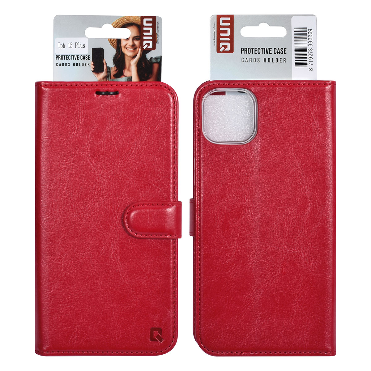 UNIQ Accessory UNIQ Accessory iPhone 15 & 14 Plus Book Case hoesje - Pasjeshouder voor 3 pasjes - Magneetsluiting - Hanger - Rood, foto 5 van 5
