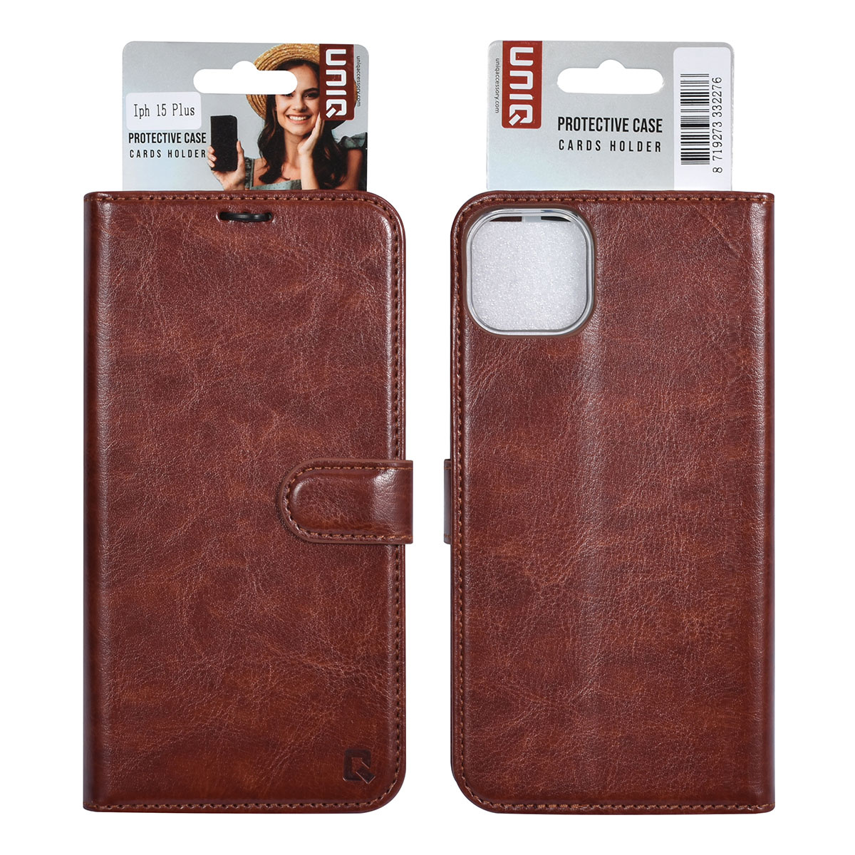 UNIQ Accessory UNIQ Accessory iPhone 15 & 14 Plus Book Case hoesje - Pasjeshouder voor 3 pasjes - Magneetsluiting - Hanger - Bruin, foto 5 van 5