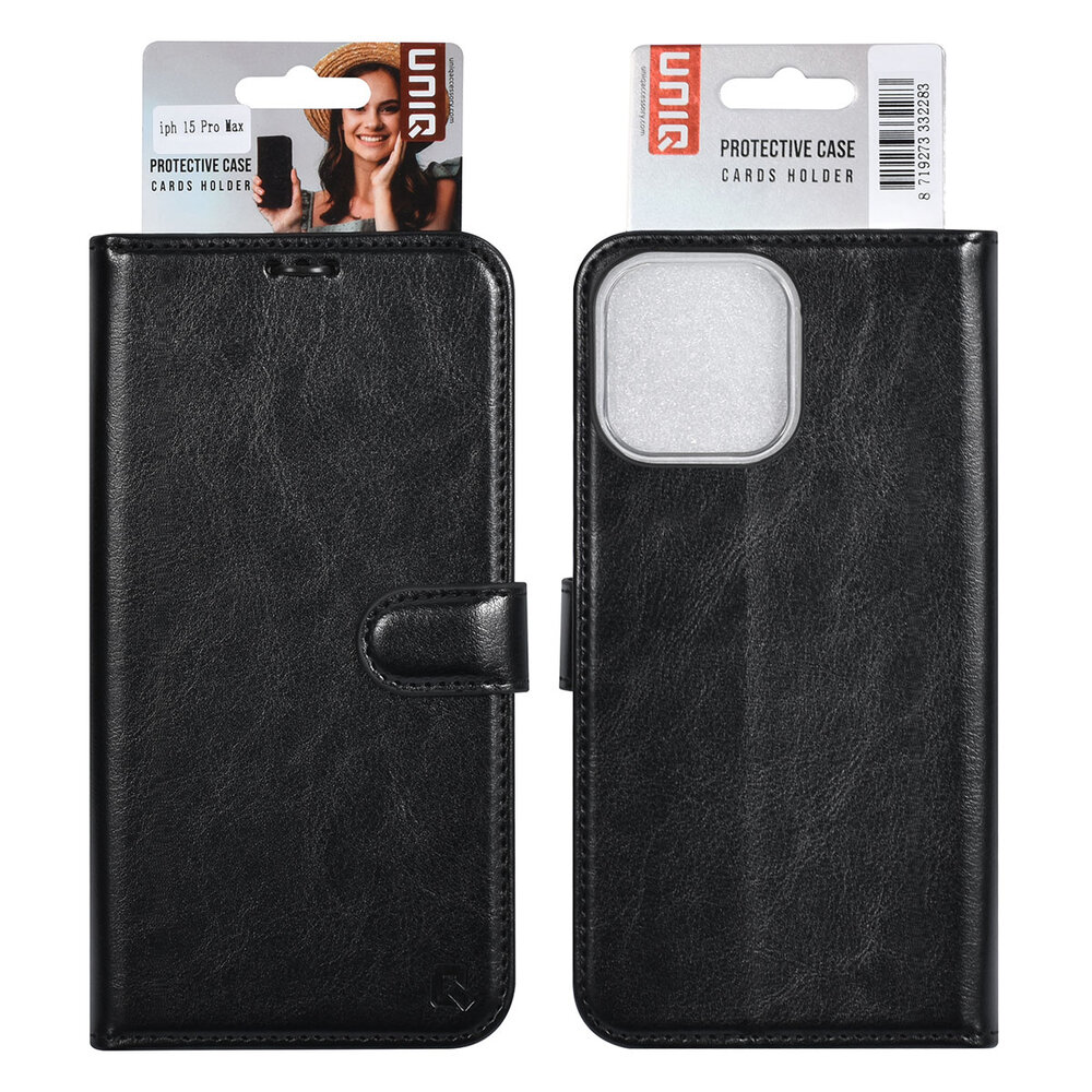 UNIQ Accessory UNIQ Accessory iPhone 15 Pro Max Book Case hoesje - Pasjeshouder voor 3 pasjes - Magneetsluiting - Hanger - Zwart UNIQ Accessory UNIQ Accessory iPhone 15 Pro Max Book Case hoesje - Pasjeshouder voor 3 pasjes - Magneetsluiting - Hanger - Zwart