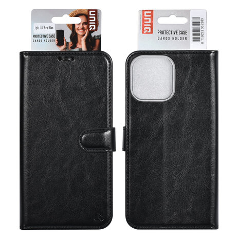 UNIQ Accessory UNIQ Accessory iPhone 15 Pro Max Book Case hoesje - Pasjeshouder voor 3 pasjes - Magneetsluiting - Hanger - Zwart UNIQ Accessory UNIQ Accessory iPhone 15 Pro Max Book Case hoesje - Pasjeshouder voor 3 pasjes - Magneetsluiting - Hanger - Zwart