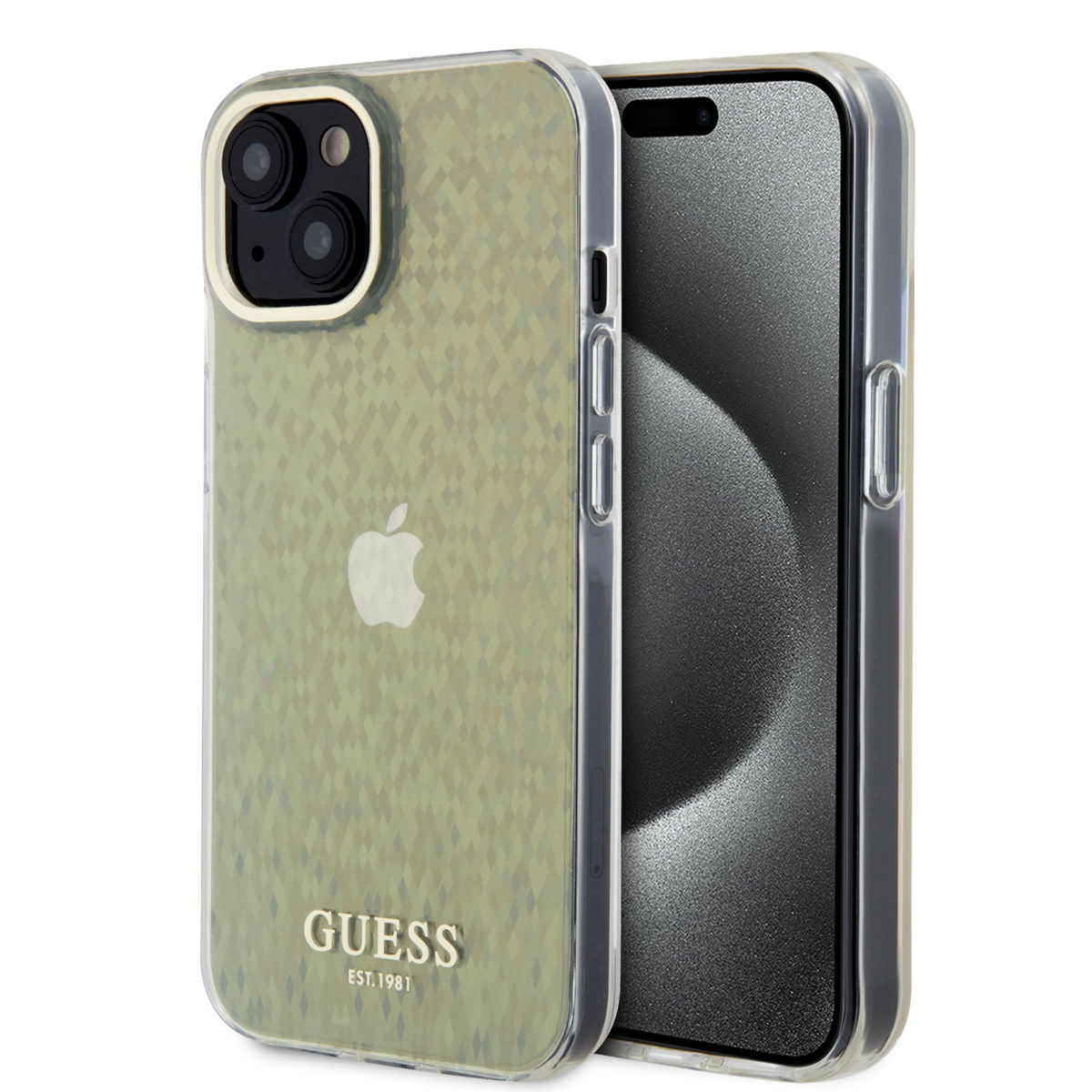 Guess Guess iPhone 15 & 14 Plus Hardcase hoesje - Faceted Mirror - Disco Goud