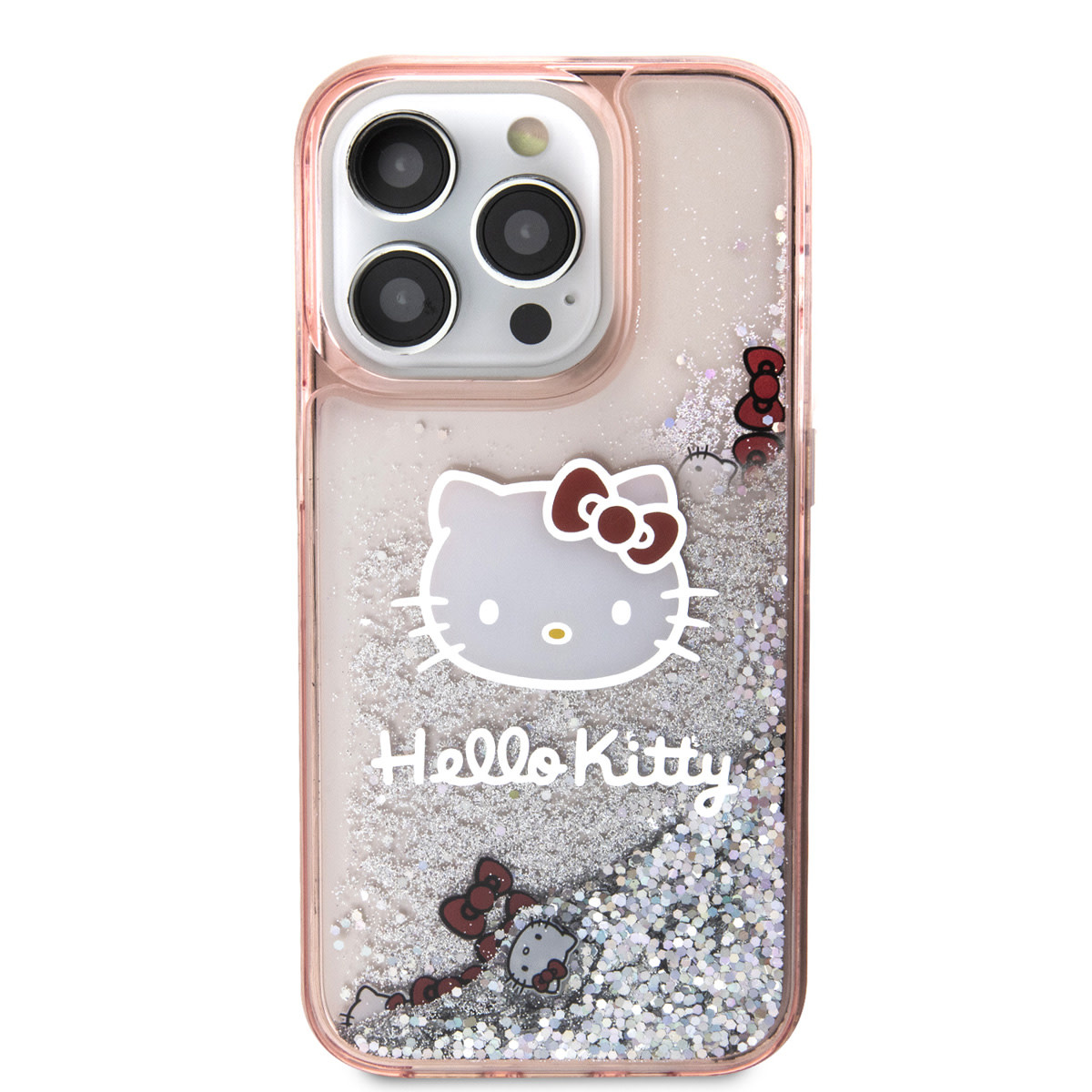 Hello Kitty Hello Kitty iPhone 15 Pro TPU Back Cover hoesje - Liquid Glitter - Kitty Head Charms - Roze, foto 3 van 6