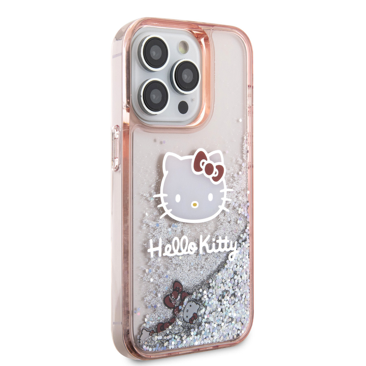 Hello Kitty Hello Kitty iPhone 15 Pro TPU Back Cover hoesje - Liquid Glitter - Kitty Head Charms - Roze, foto 4 van 6