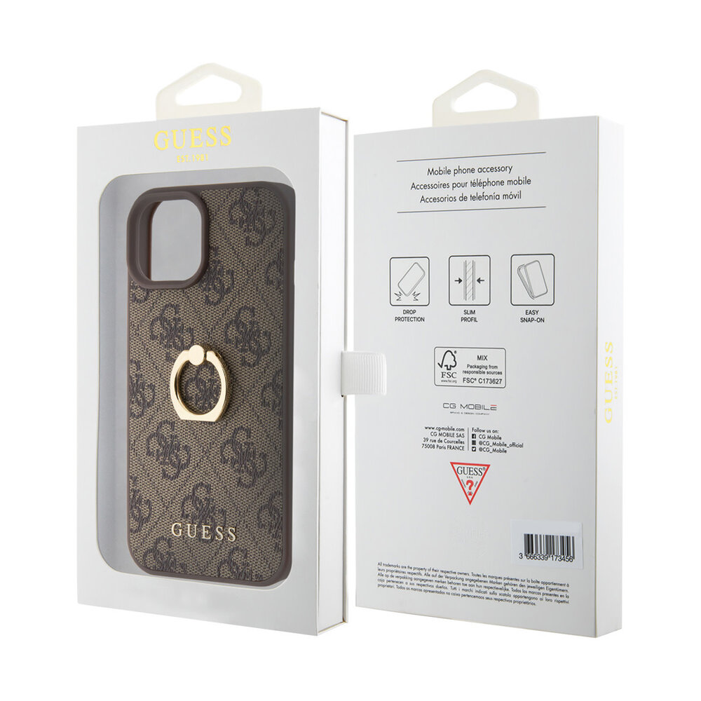 Guess Guess Coque arrière en iPhone 15 - 4G - Avec porte-bague - Marron