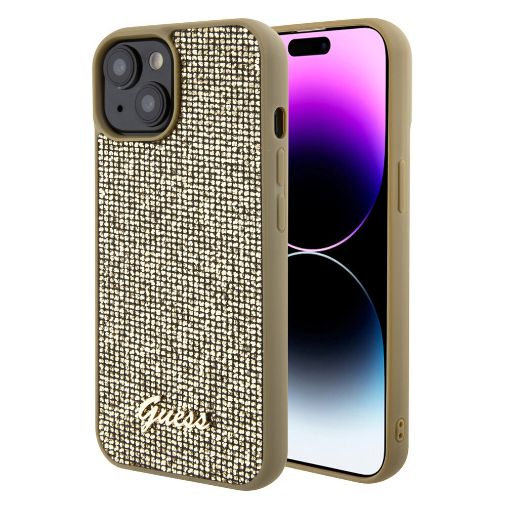 Guess Guess iPhone 15 Hardcase hoesje - Metal Script - Disco Goud Guess Guess iPhone 15 Hardcase hoesje - Metal Script - Disco Goud