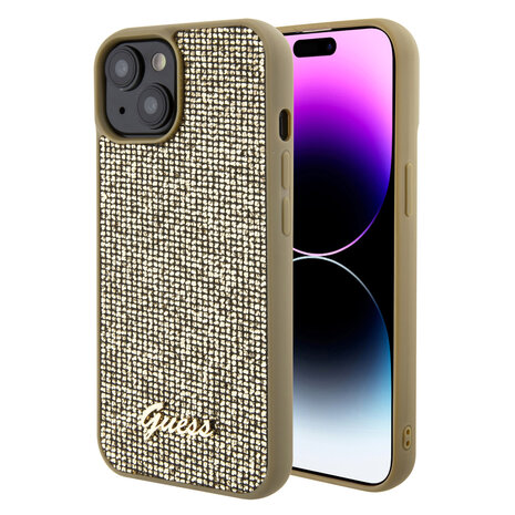 Guess Guess iPhone 15 Hardcase hoesje - Metal Script - Disco Goud Guess Guess iPhone 15 Hardcase hoesje - Metal Script - Disco Goud