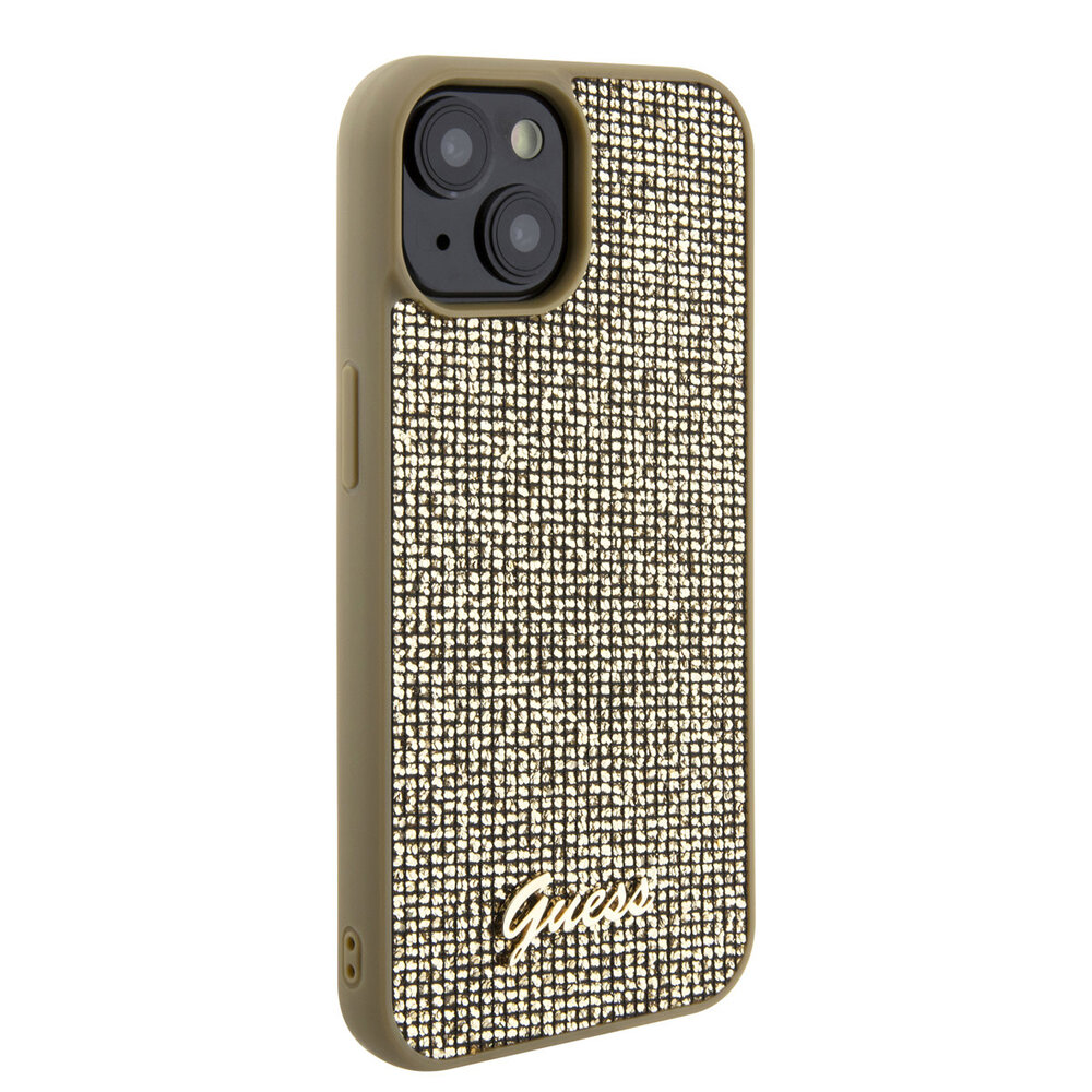 Guess Guess iPhone 15 Hardcase hoesje - Metal Script - Disco Goud Guess Guess iPhone 15 Hardcase hoesje - Metal Script - Disco Goud