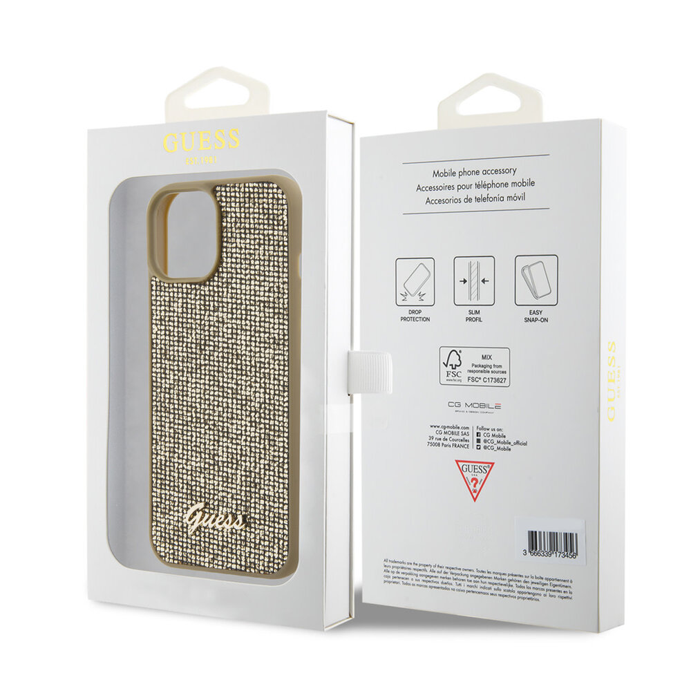 Guess Guess iPhone 15 Hardcase hoesje - Metal Script - Disco Goud Guess Guess iPhone 15 Hardcase hoesje - Metal Script - Disco Goud