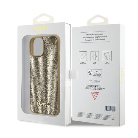 Guess Guess iPhone 15 Hardcase hoesje - Metal Script - Disco Goud Guess Guess iPhone 15 Hardcase hoesje - Metal Script - Disco Goud