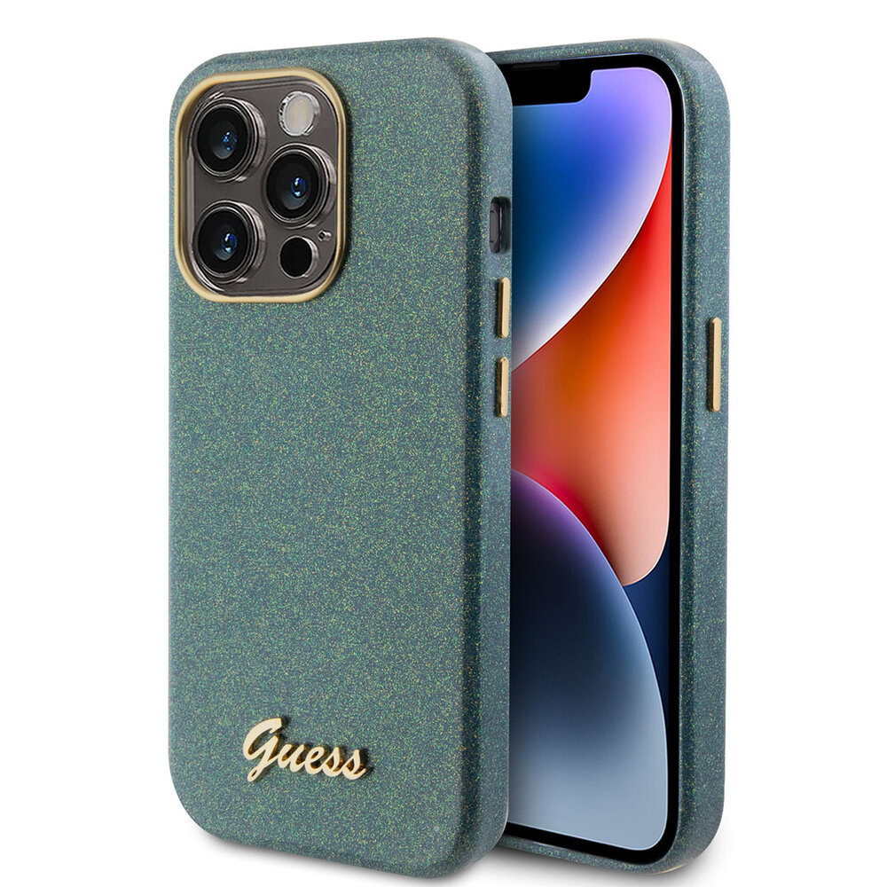 Guess Guess Coque arrière en iPhone 15 Pro - Glitter Glossy Script - Khaki Guess Guess Coque arrière en iPhone 15 Pro - Glitter Glossy Script - Khaki