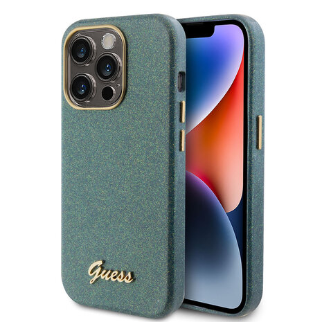 Guess Guess Coque arrière en iPhone 15 Pro - Glitter Glossy Script - Khaki Guess Guess Coque arrière en iPhone 15 Pro - Glitter Glossy Script - Khaki