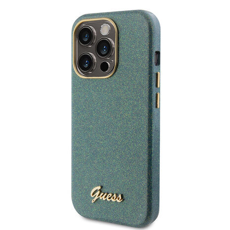 Guess Guess iPhone 15 Pro TPU Back Cover hoesje - Glitter Glossy Script - Khaki Guess Guess iPhone 15 Pro TPU Back Cover hoesje - Glitter Glossy Script - Khaki