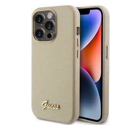 Guess Guess iPhone 15 Pro TPU Back Cover hoesje - Glitter Glossy Script - Goud Guess Guess iPhone 15 Pro TPU Back Cover hoesje - Glitter Glossy Script - Goud