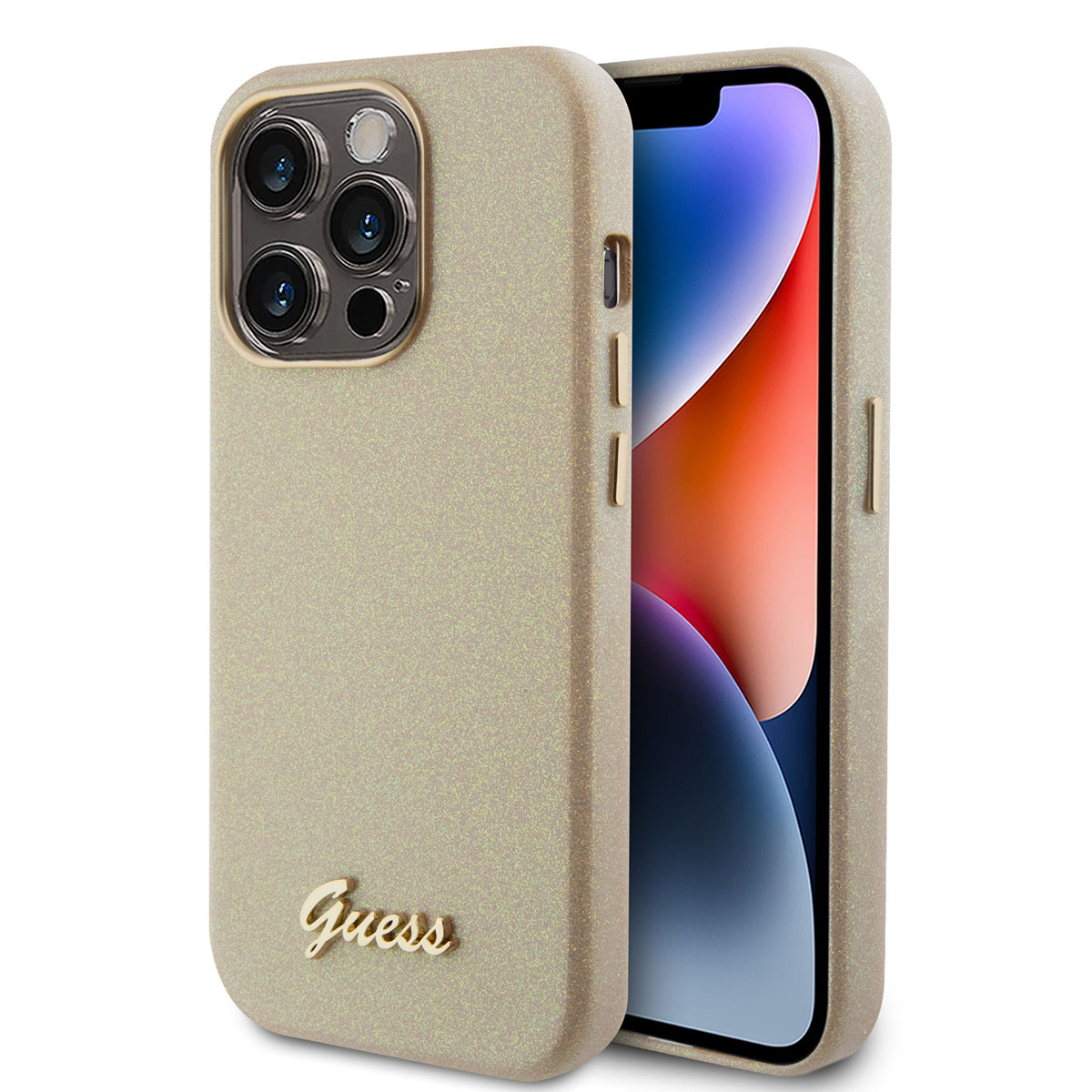 Guess Guess iPhone 15 Pro TPU Back Cover hoesje - Glitter Glossy Script - Goud