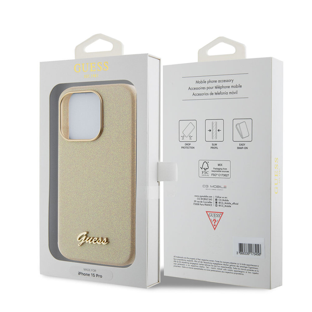 Guess Guess iPhone 15 Pro TPU Back Cover - Glitter Glossy Script - Gold Guess Guess iPhone 15 Pro TPU Back Cover - Glitter Glossy Script - Gold
