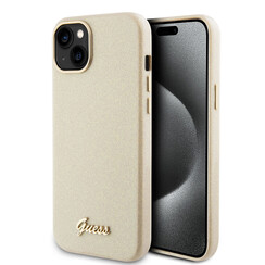 Guess iPhone 15 & 14 Plus SilikonHulle - Glitter Glossy Script - Gold