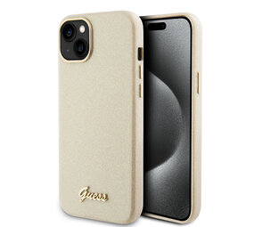 Guess Guess iPhone 15 & 14 Plus TPU Back Cover hoesje - Glitter Glossy Script - Goud Guess Guess iPhone 15 & 14 Plus TPU Back Cover hoesje - Glitter Glossy Script - Goud
