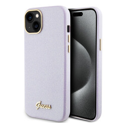 Guess iPhone 15 & 14 Plus SilikonHulle - Glitter Glossy Script - Lila