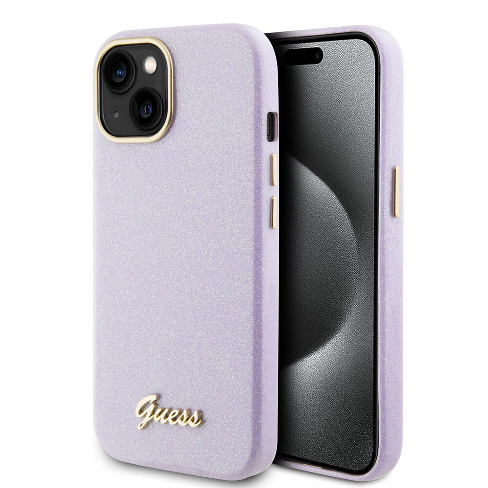 Guess Guess iPhone 15 TPU Back Cover - Glitter Glossy Script - Lilac Guess Guess iPhone 15 TPU Back Cover - Glitter Glossy Script - Lilac