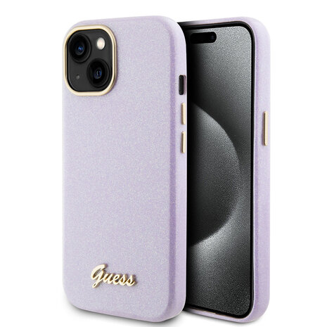 Guess Guess iPhone 15 TPU Back Cover - Glitter Glossy Script - Lilac Guess Guess iPhone 15 TPU Back Cover - Glitter Glossy Script - Lilac